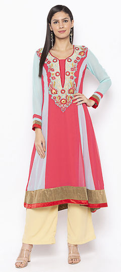 Pink and Majenta color Tunic with Bottom in Georgette fabric with Embroidered, Patch, Resham, Zari work