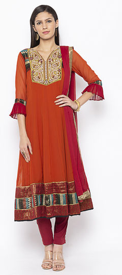 Festive, Party Wear Orange color Salwar Kameez in Georgette fabric with Anarkali Border, Embroidered, Patch, Thread work : 1778688