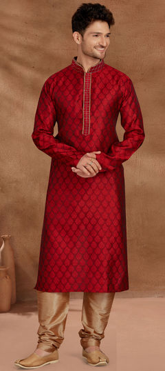 Red and Maroon color Kurta Pyjamas in Jacquard fabric with Lace, Weaving work