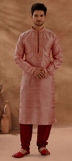 Beige and Brown color Kurta Pyjamas in Art Silk fabric with Lace work