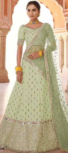 Green color Lehenga in Art Silk fabric with Mirror, Zari work