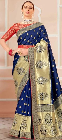 Blue color Saree in Banarasi Silk, Silk fabric with Weaving work