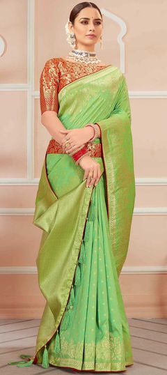 Green color Saree in Banarasi Silk, Silk fabric with Weaving work