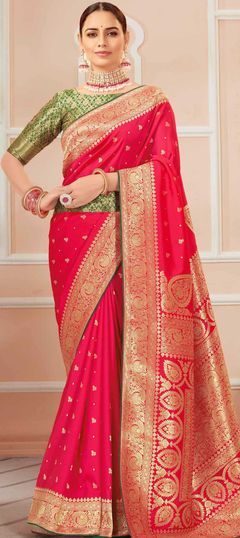 Pink and Majenta color Saree in Banarasi Silk, Silk fabric with Weaving work