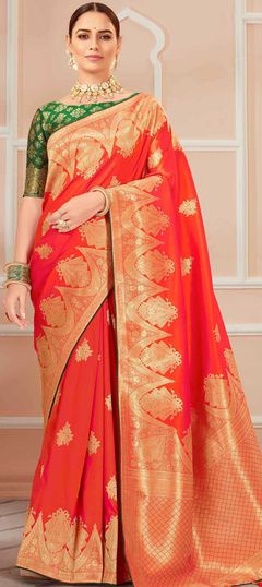 Orange color Saree in Banarasi Silk, Silk fabric with Weaving work