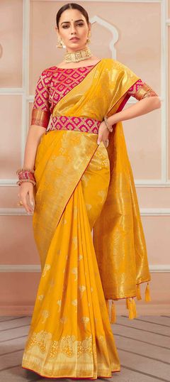 Yellow color Saree in Banarasi Silk, Silk fabric with Weaving work