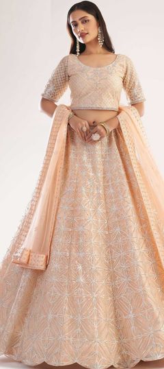 Pink and Majenta color Lehenga in Net fabric with Gota Patti, Zircon work