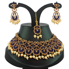 Gold Rodium Polish Blue color Necklace in Metal Alloy studded with CZ Diamond, Pearl