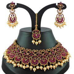 Gold Rodium Polish Pink and Majenta color Necklace in Metal Alloy studded with CZ Diamond, Pearl