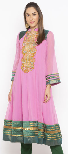 Pink and Majenta color Kurti in Georgette fabric with Embroidered, Lace, Patch, Thread work