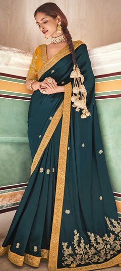 Green color Saree in Crepe Silk, Silk fabric with Sequence, Thread work