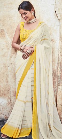 White and Off White color Saree in Georgette fabric with Gota Patti, Printed, Thread work