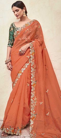 Orange color Saree in Organza Silk, Silk fabric with Bugle Beads, Mirror, Thread work