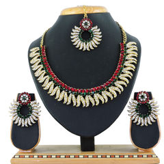 Green, Red and Maroon color Necklace in Metal Alloy studded with CZ Diamond & Gold Rodium Polish : 1779332