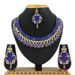 Gold Rodium Polish Blue color Necklace in Metal Alloy studded with CZ Diamond