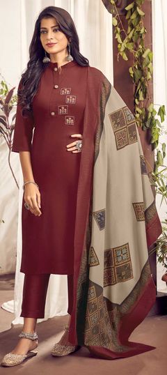 Red and Maroon color Salwar Kameez in Cotton fabric with Resham, Thread work