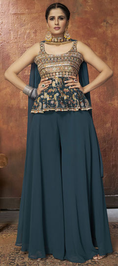 Blue color Salwar Kameez in Georgette fabric with Mirror, Resham, Sequence, Thread, Zari work