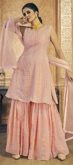 Pink and Majenta color Salwar Kameez in Georgette fabric with Resham, Thread, Zari work