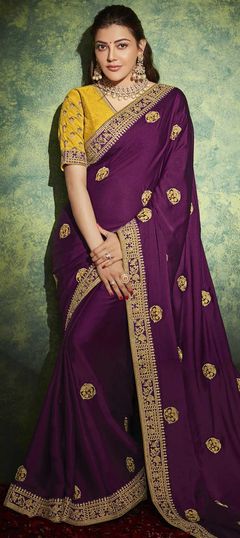 Purple and Violet color Saree in Art Silk, Silk fabric with Embroidered, Thread, Zari work