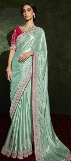 Green color Saree in Shimmer fabric with Embroidered, Thread, Zari work