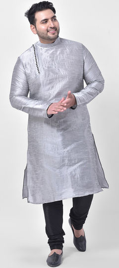 Black and Grey color Kurta Pyjamas in Dupion Silk fabric with Thread work