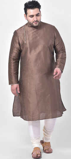 Beige and Brown color Kurta Pyjamas in Dupion Silk fabric with Thread work