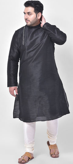 Black and Grey color Kurta Pyjamas in Dupion Silk fabric with Thread work