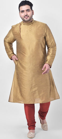 Beige and Brown color Kurta Pyjamas in Dupion Silk fabric with Thread work