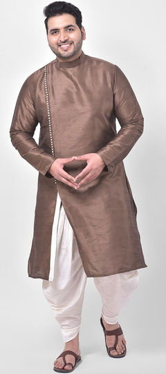 Beige and Brown color Dhoti Kurta in Dupion Silk fabric with Thread work