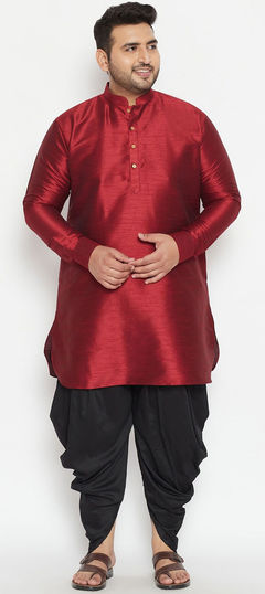 Red and Maroon color Dhoti Kurta in Dupion Silk, Silk fabric with Thread work