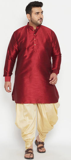 Red and Maroon color Dhoti Kurta in Dupion Silk, Silk fabric with Thread work