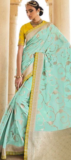 Green color Saree in Banarasi Silk, Silk fabric with Embroidered, Thread, Weaving, Zari work