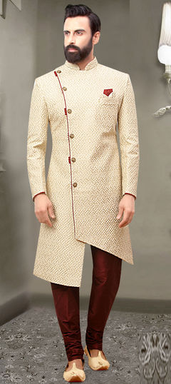 Beige and Brown color Sherwani in Jacquard fabric with Weaving work