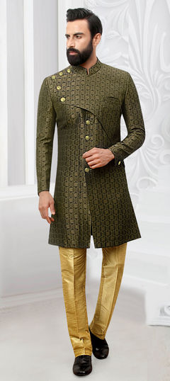 Green color IndoWestern Dress in Jacquard fabric with Weaving work