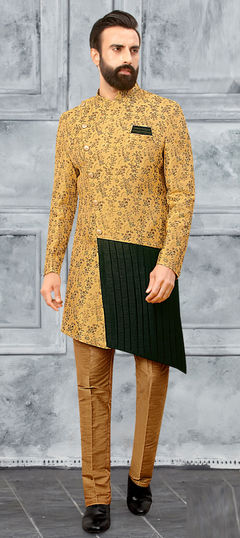 Yellow color IndoWestern Dress in Jacquard fabric with Weaving work