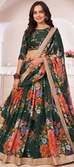 Engagement, Festive, Reception Green color Lehenga in Georgette fabric with A Line Digital Print, Embroidered, Floral, Sequence work : 1780198