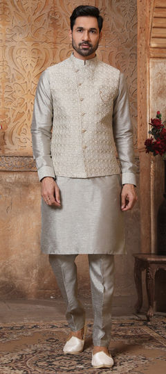 Black and Grey color Kurta Pyjama with Jacket in Art Silk fabric with Broches, Embroidered, Thread work