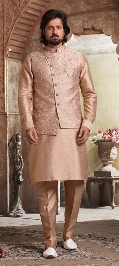 Pink and Majenta color Kurta Pyjama with Jacket in Art Silk fabric with Broches, Embroidered, Thread work