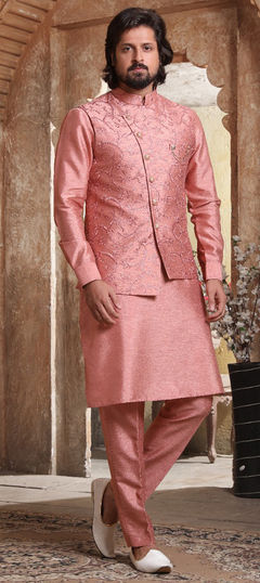 Pink and Majenta color Kurta Pyjama with Jacket in Art Silk fabric with Broches, Embroidered, Thread work