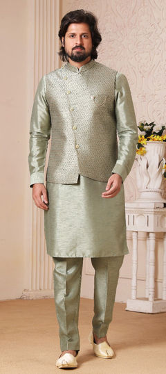 Green color Kurta Pyjama with Jacket in Art Silk fabric with Broches, Embroidered, Thread work