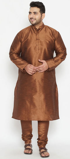 Beige and Brown color Kurta Pyjamas in Dupion Silk fabric with Thread work