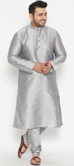 Black and Grey color Kurta Pyjamas in Dupion Silk fabric with Thread work