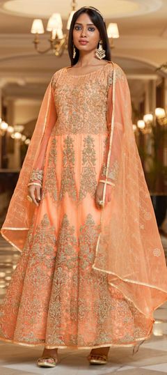 Orange color Salwar Kameez in Net fabric with Embroidered, Thread work
