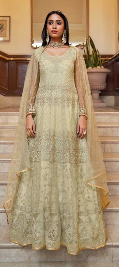 Beige and Brown color Salwar Kameez in Net fabric with Embroidered, Thread work