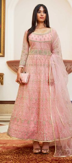Pink and Majenta color Salwar Kameez in Net fabric with Embroidered, Thread work