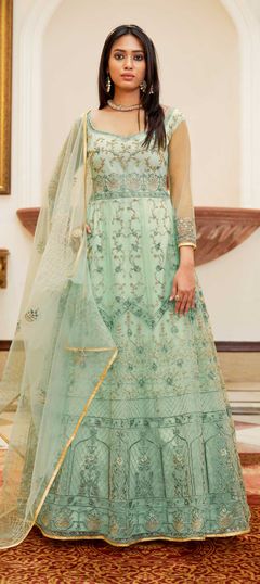 Blue color Salwar Kameez in Net fabric with Embroidered, Thread work