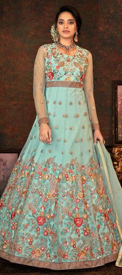 Blue color Salwar Kameez in Net fabric with Embroidered, Resham, Sequence, Stone, Thread, Zari work