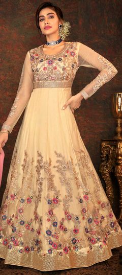 Beige and Brown color Salwar Kameez in Net fabric with Embroidered, Resham, Sequence, Stone, Thread, Zari work