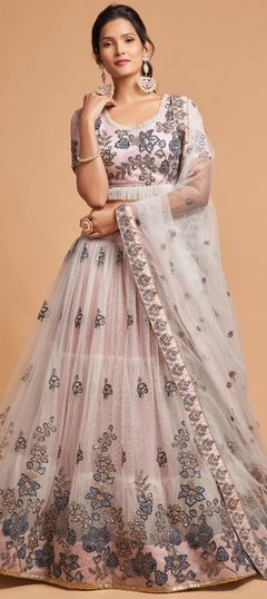 Black and Grey color Lehenga in Net fabric with Aari work