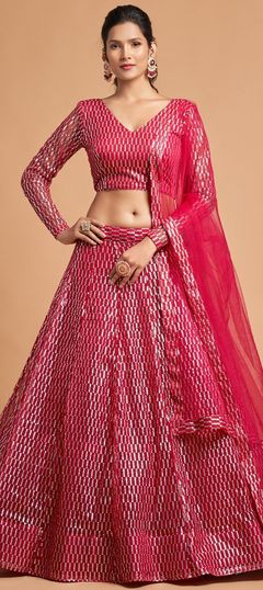 Pink and Majenta color Lehenga in Net fabric with Aari work